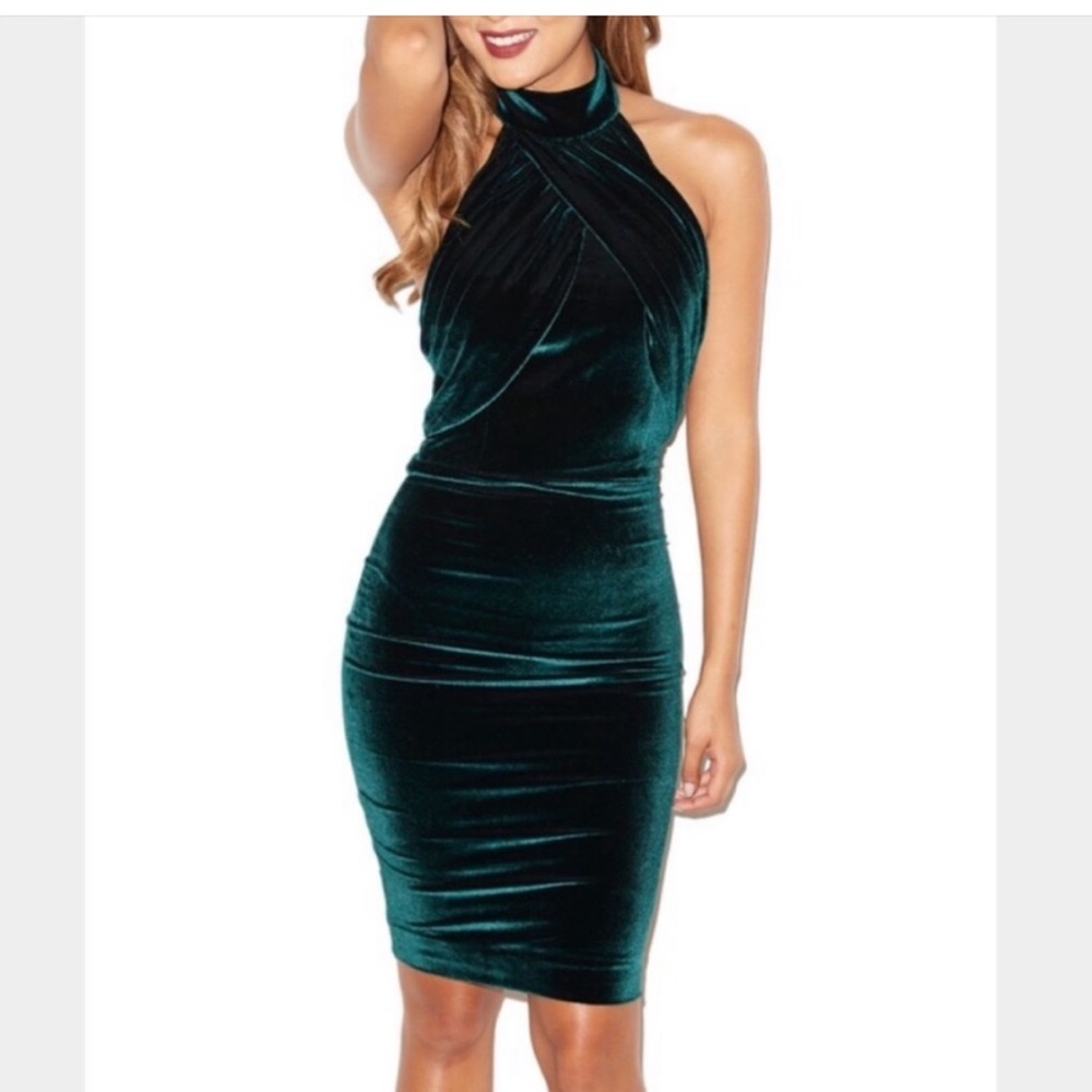 House of CB “Bellina” green velvet halter dress.